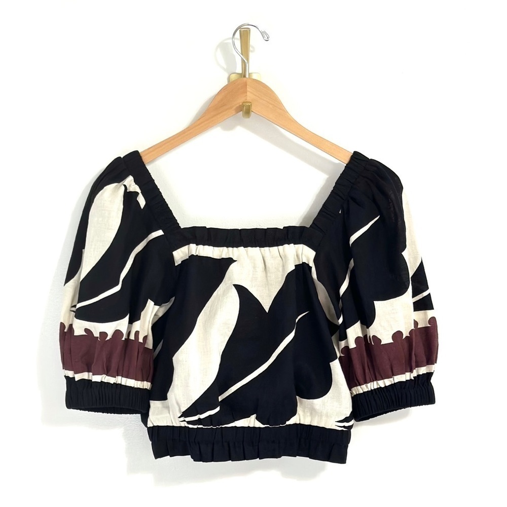 NWT SEA New York Puff-Sleeve Black Cream Floral Crop Top - Picture 2 of 8